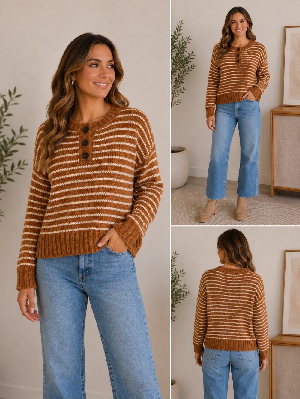 American Eagle Outfitters Brown & Cream Striped Henley Sweater